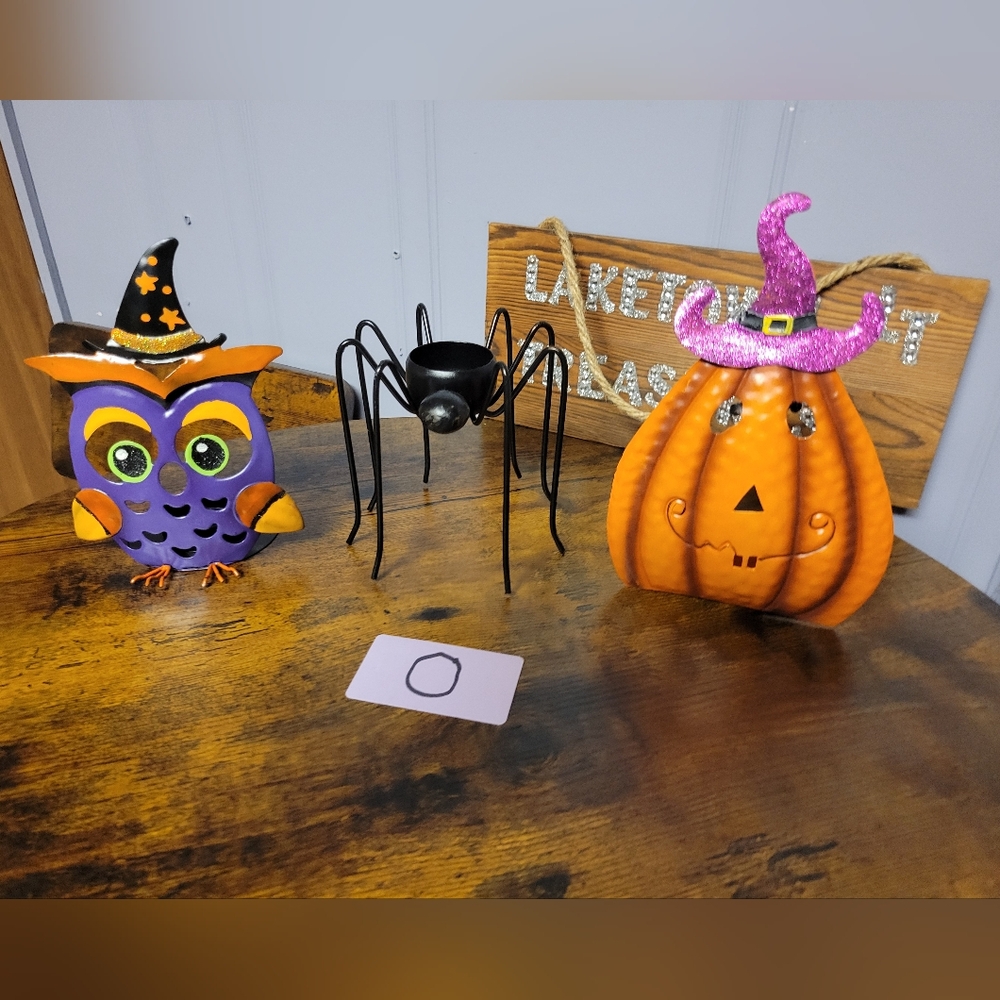 Halloween Owl, Spider, and Pumpkin candle holder